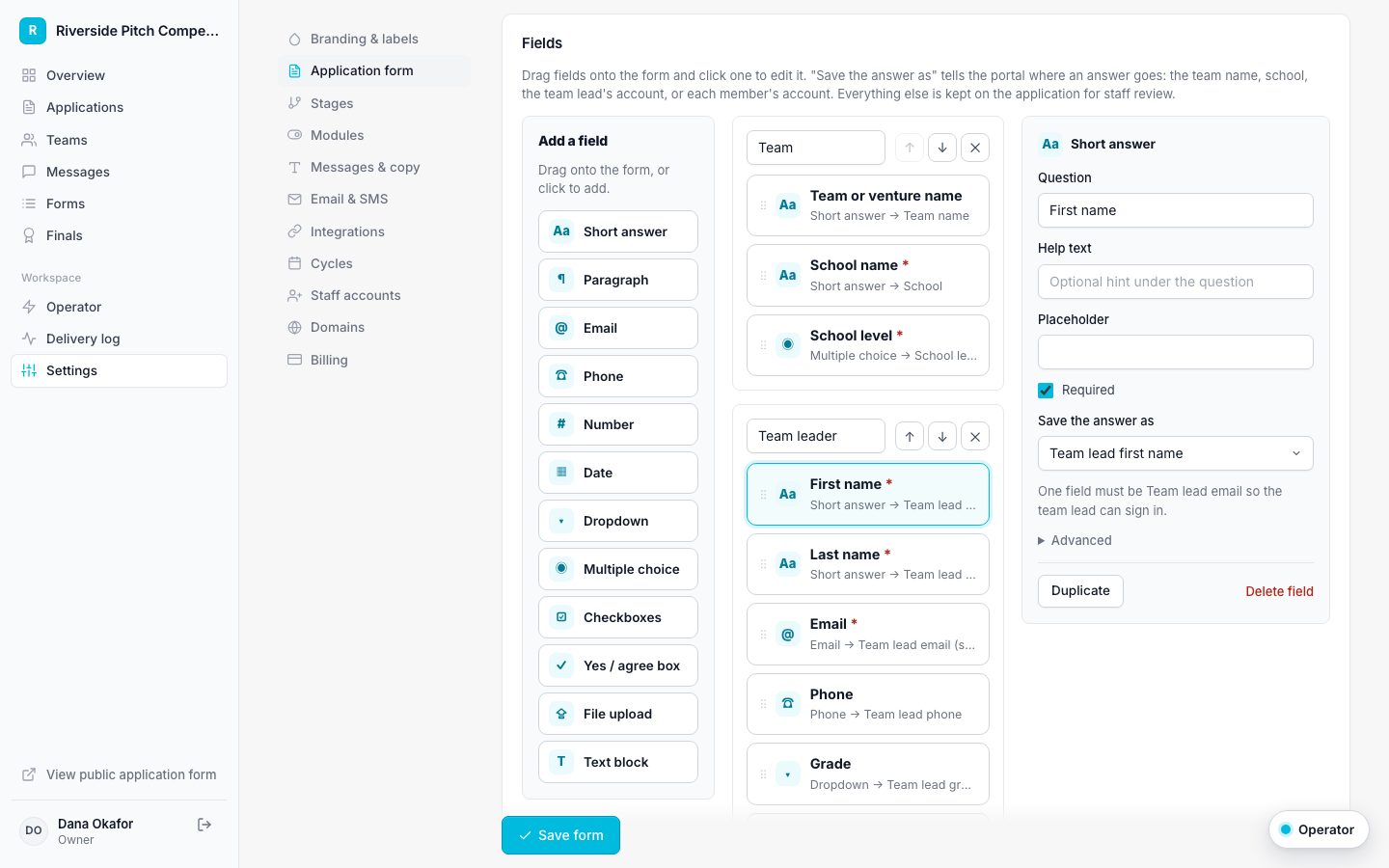 Applicantly application form builder with drag-and-drop fields