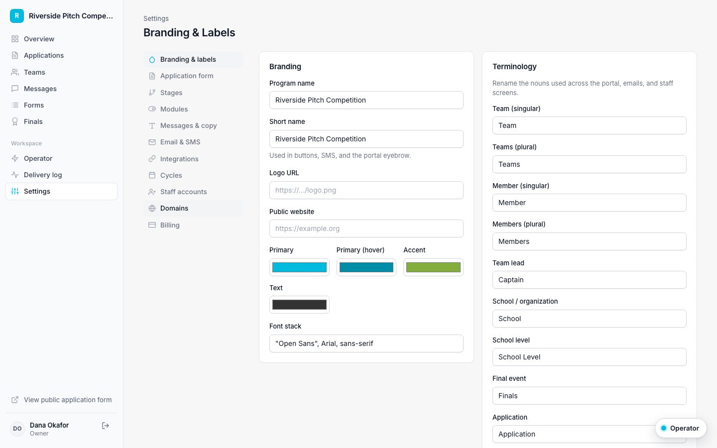 Branding settings with logo, colors, and terminology