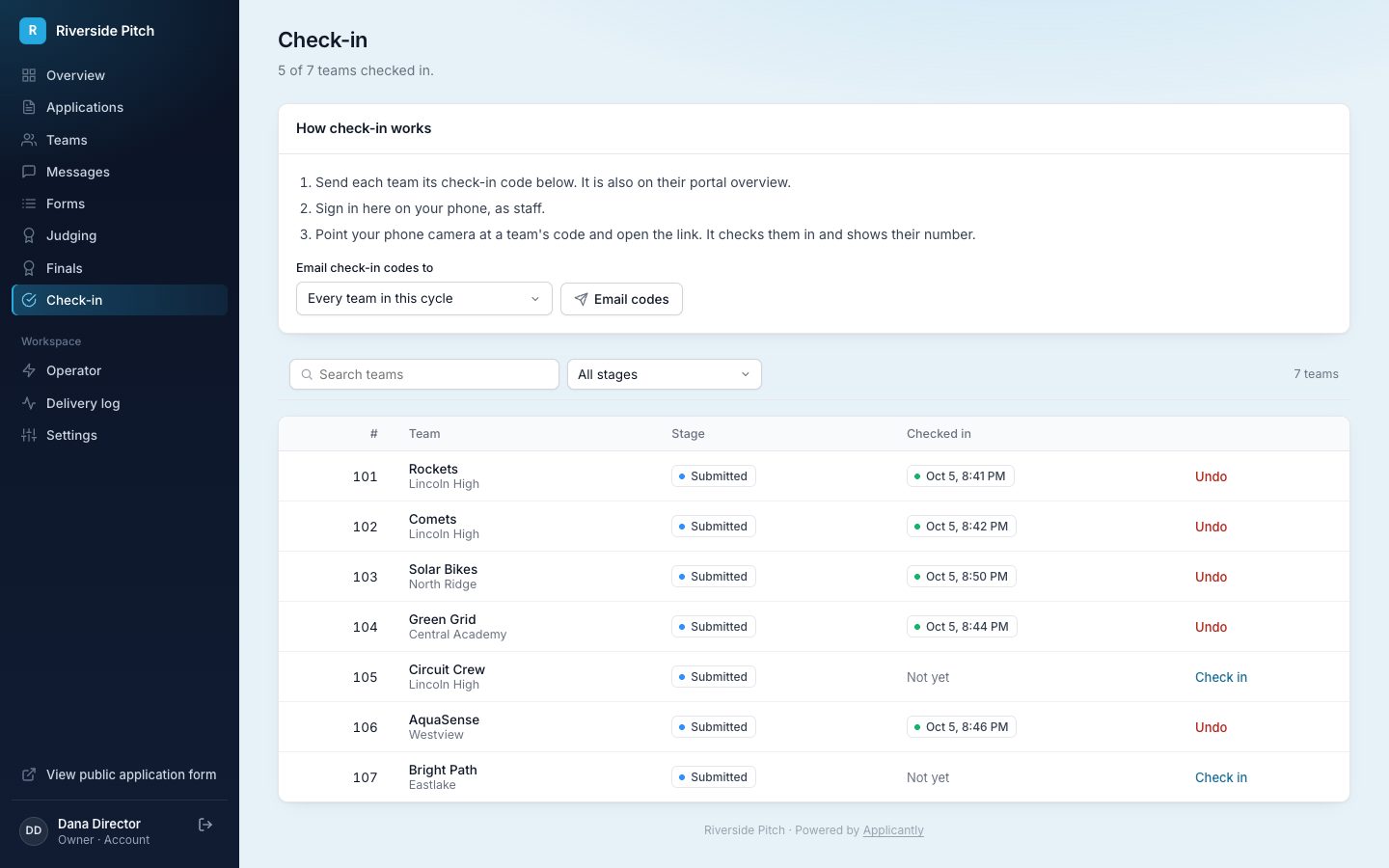 Staff check-in list with team numbers, check-in times, and manual check-in buttons