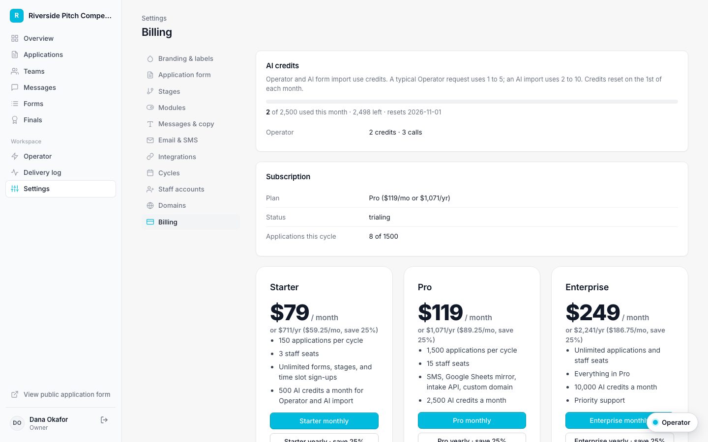 AI credits usage on the billing page