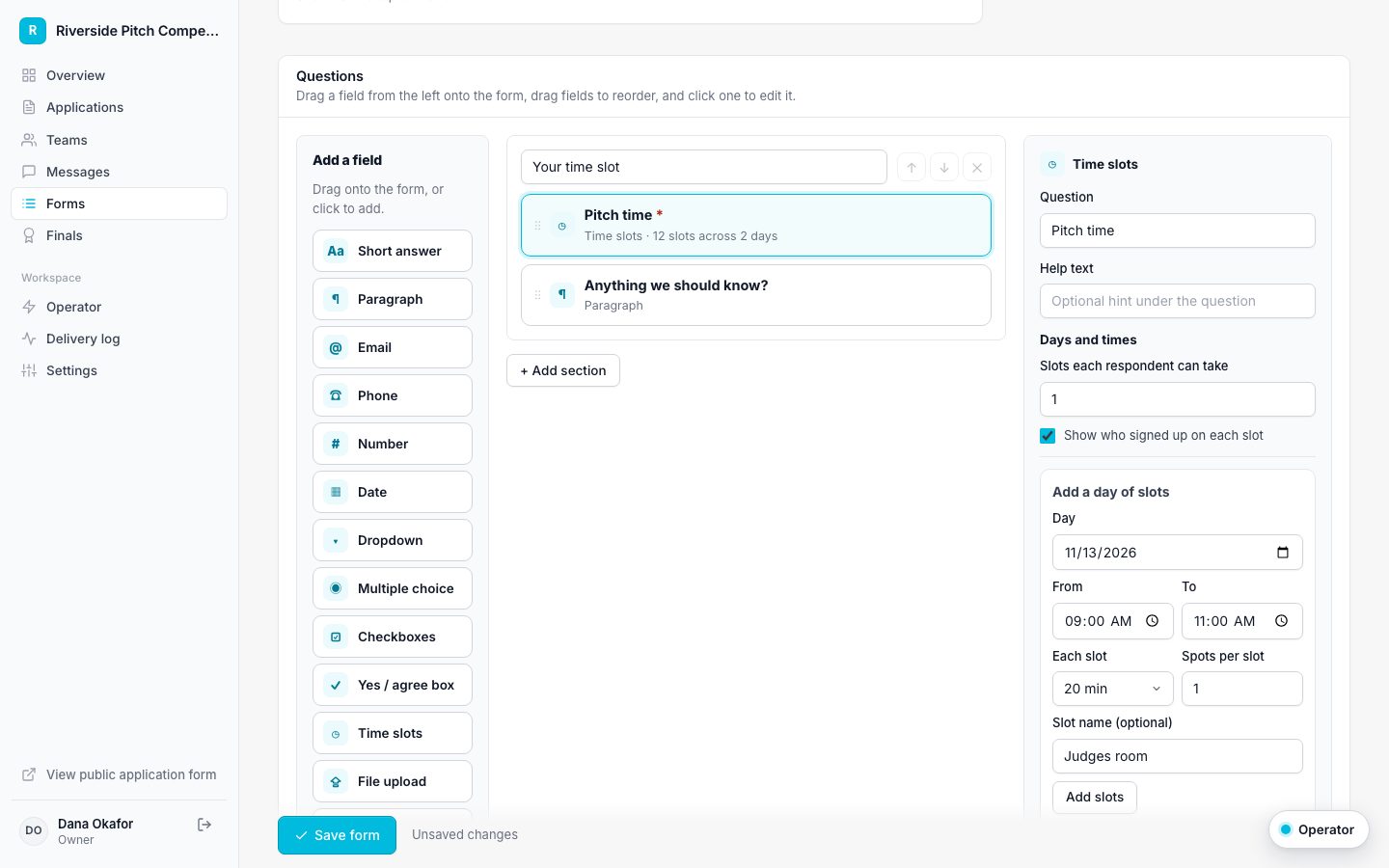 Drag-and-drop form builder with a field palette, form canvas, and field settings