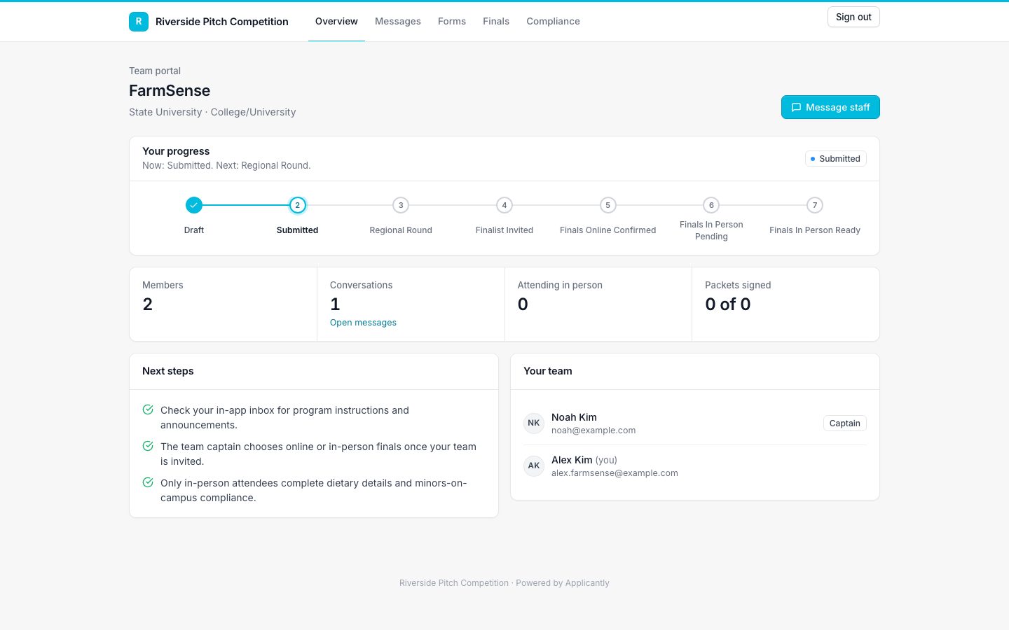 Applicant team portal showing progress steps and team members